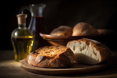 Bread and olive oil on a wooden table. Selective focus.の素材
