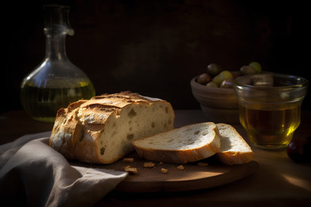 Ciabatta bread with olive oil and olives on wooden tableの素材