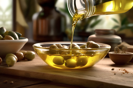 Olive oil pouring into a bowl with olives on wooden tableの素材