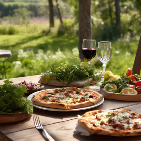 Pizza and glass of wine on wooden table in summer garden.の素材