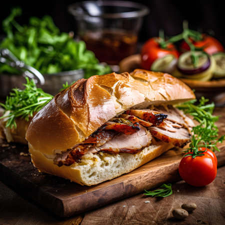 Baguette with bacon and vegetables on rustic wooden background.の素材