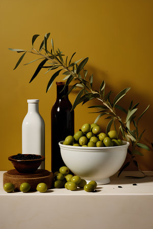 Olive oil and olives in a white bowl on a brown backgroundの素材