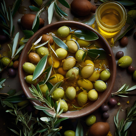 Olive oil in bowl with olives and olive branch over rustic background, top viewの素材