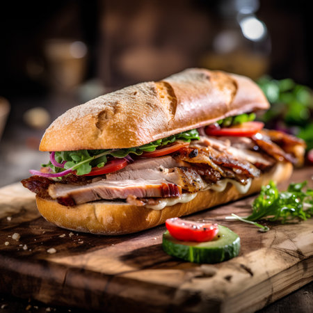 Sandwich with roast duck, lettuce, tomato and onion on a wooden boardの素材