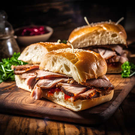 Sandwiches with roast pork on a wooden board. Selective focus.の素材