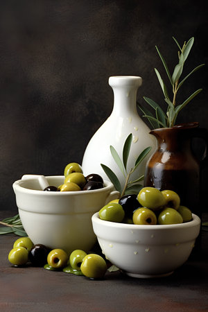 Black and green olives in ceramic bowls with olive tree branch over dark backgroundの素材