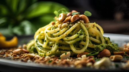 Spaghetti with pesto sauce and pine nuts on a dark backgroundの素材