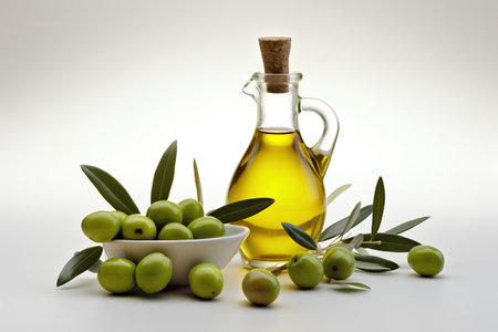 Olive oil and olives on a white background. 3d illustrationの素材