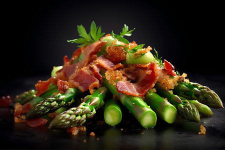 Asparagus salad with bacon and parmesan on black backgroundの素材