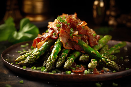 Asparagus with bacon and fried bacon on a dark background.の素材