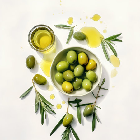 Green olives with olive oil and leaves on white background, top viewの素材