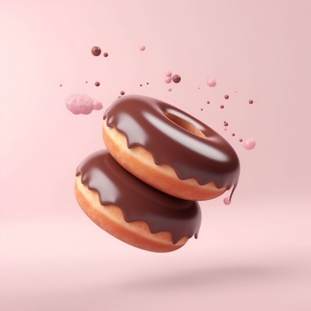3d render of donut with chocolate glaze on pink backgroundの素材