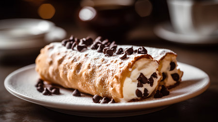 Cream roll with chocolate and coffee on a dark background. Selective focus.の素材