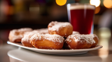 donuts with icing sugar and a glass of beer in the barの素材