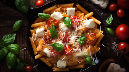 Penne pasta with tomatoes, mozzarella cheese and basil in cast iron skilletの素材
