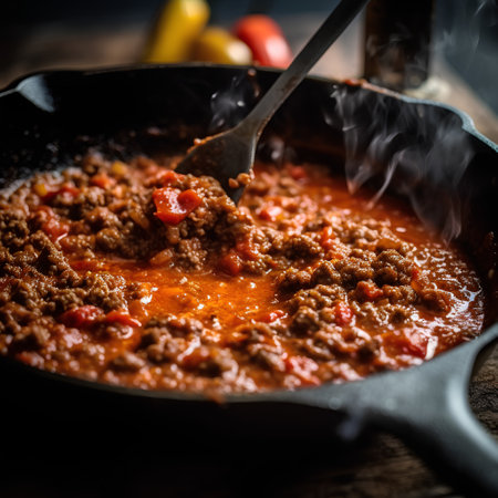 Bolognese sauce in a cast-iron frying pan.の素材