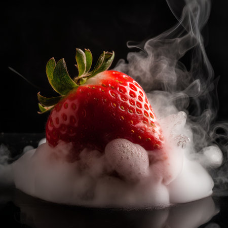 strawberry with foam and steam on a black background close upの素材
