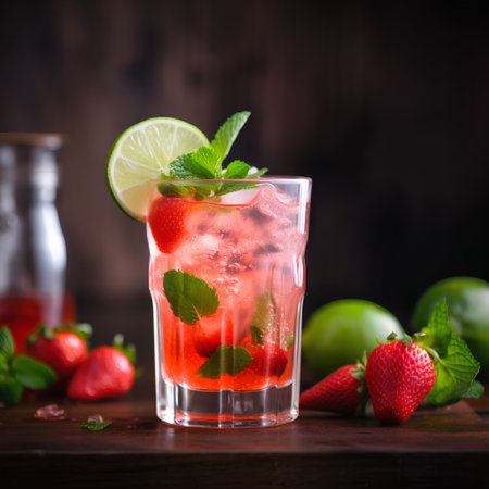 Strawberry mojito cocktail with lime, mint and ice on dark wooden backgroundの素材