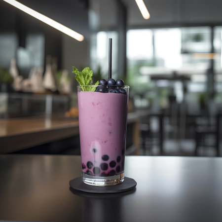 Blueberry smoothies in a glass on a table in a restaurantの素材