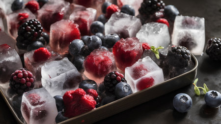 Frozen berries in ice cubes on a dark background. Selective focusの素材