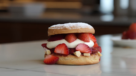 Strawberry tart with whipped cream and almonds on a white plateの素材