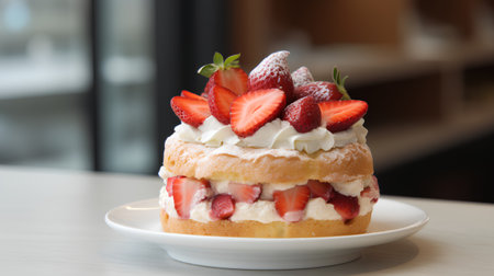 Strawberry cake on white plate in coffee shop, stock photoの素材