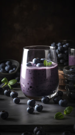 Blueberry smoothie in glass with fresh berries and mint, selective focusの素材