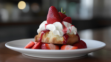 Strawberry cake with whipped cream and fresh strawberries on white plate.の素材