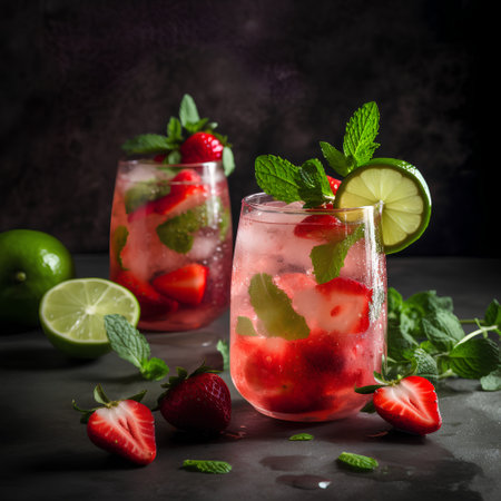 Strawberry mojito cocktail with lime and mint on dark backgroundの素材
