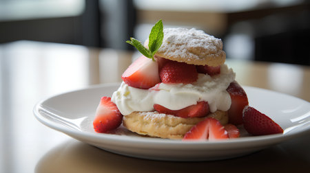Strawberry scone with whipped cream and fresh strawberries on white plateの素材