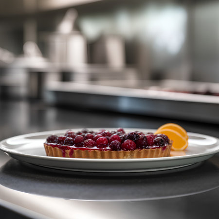 Tart with berries on a plate in the kitchen of a restaurantの素材
