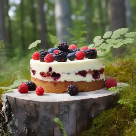 Cheesecake with fresh berries on a stump in the forest.の素材