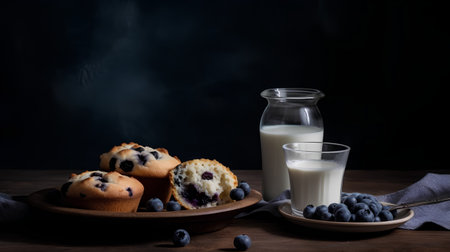 Muffins with blueberries and a glass of milk on a wooden tableの素材