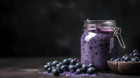 Blueberry smoothie in a glass jar with fresh berries on a dark backgroundの素材