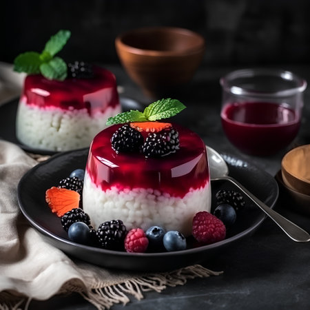 Panna cotta with berry sauce and fresh berries, selective focusの素材