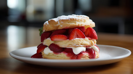Strawberry cake with whipped cream and fresh strawberries on white plateの素材
