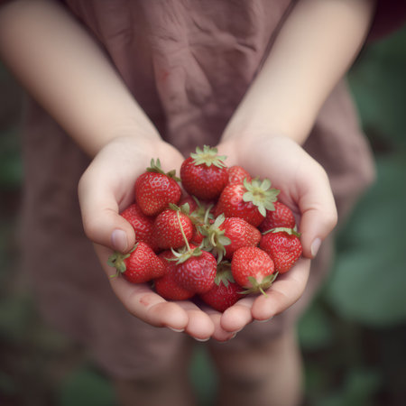Strawberries in the hands of a child. Selective focus. nature.の素材