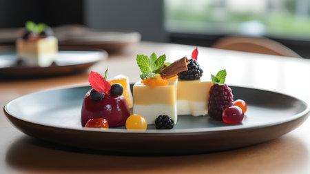 Panna cotta dessert with fresh berries and chocolate, selective focusの素材