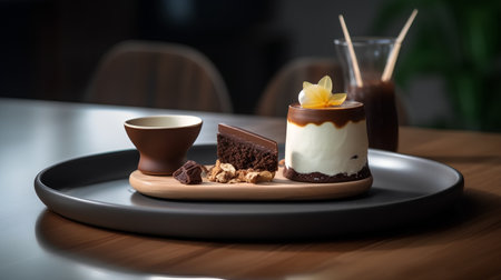 Chocolate pudding with whipped cream and chocolate mousse on wooden table