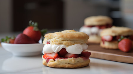 Strawberry scones with whipped cream and fresh strawberries on a table.の素材