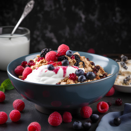 Muesli with yogurt and fresh berries in a bowl on a dark backgroundの素材