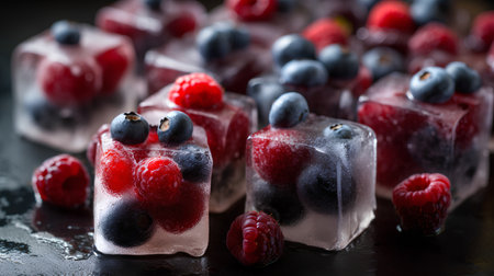 Frozen berries in ice cubes on dark background. Selective focus.の素材