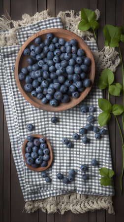 Blueberries in a wooden bowl on a wooden background. Top view.の素材