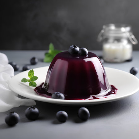 Blueberry panna cotta with fresh berries on a dark backgroundの素材