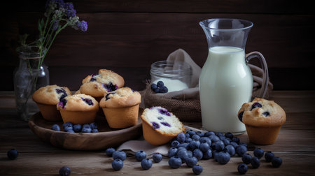 Blueberry muffins and milk on a wooden background. Toned.の素材