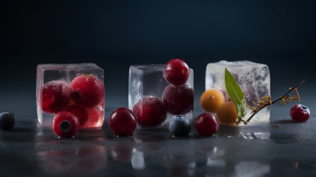Frozen berries in ice cubes on a dark background. Selective focus.の素材