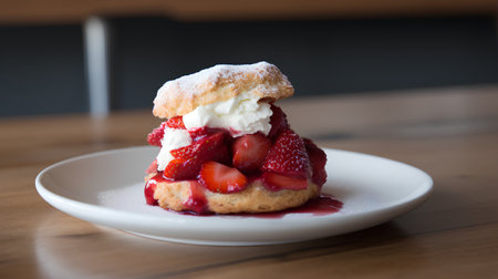 Strawberry scone with whipped cream and fresh berries on wooden tableの素材