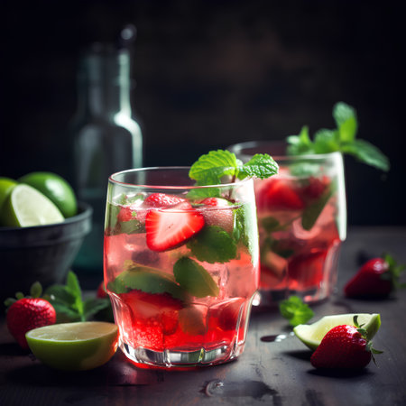 Strawberry mojito cocktail with lime and mint on dark wooden backgroundの素材