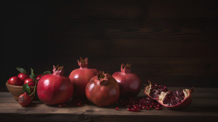 Ripe pomegranate fruits on a wooden background with copy spaceの素材