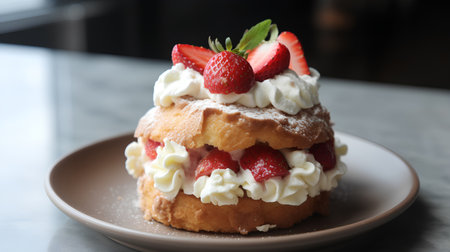French toast with strawberries and whipped cream on a plate, closeupの素材